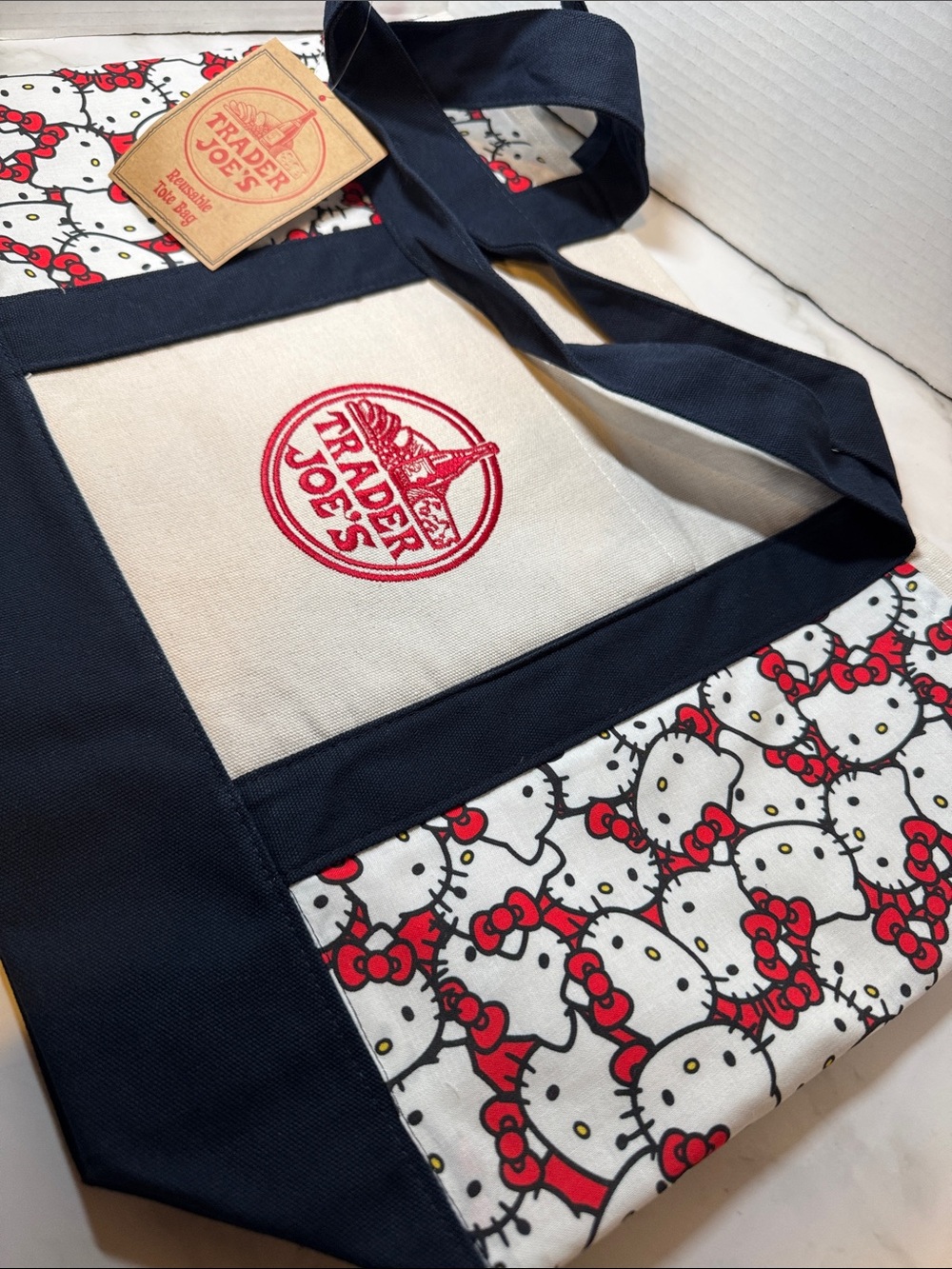 New Trader Joe’s Custom Hello Kitty Deep Navy & Cream Tote w/ Side Pockets
